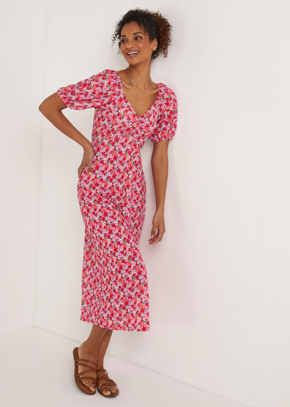 Pink Floral Print Ruched Dress