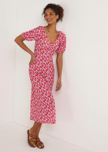 Pink Floral Print Ruched Dress