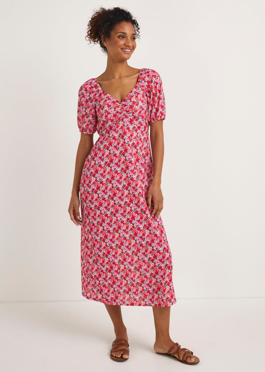 Pink Floral Print Ruched Dress
