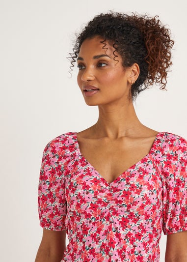 Pink Floral Print Ruched Dress