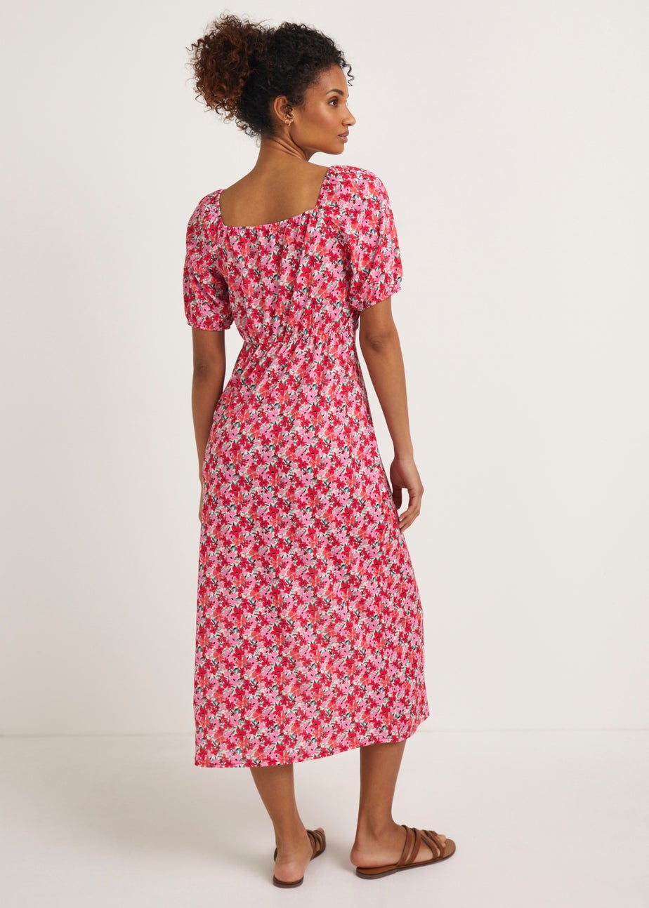 Pink Floral Print Ruched Dress