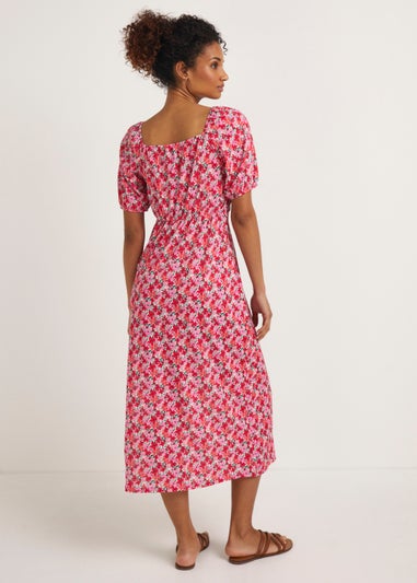 Pink Floral Print Ruched Dress