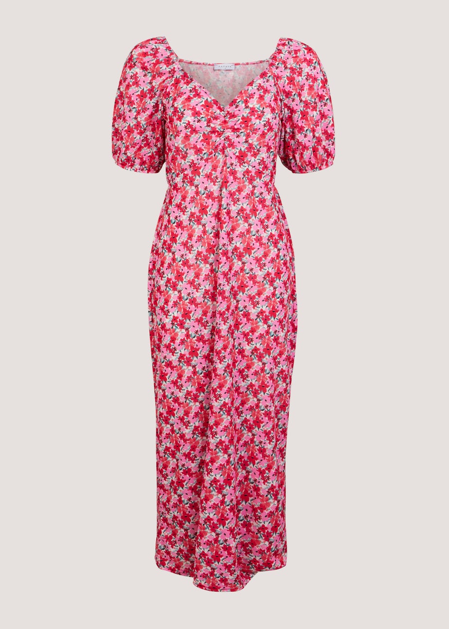 Pink Floral Print Ruched Dress