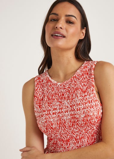 Orange Geo Shirred Sleeveless Midi Dress