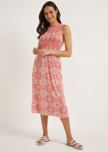 Orange Geo Shirred Sleeveless Midi Dress