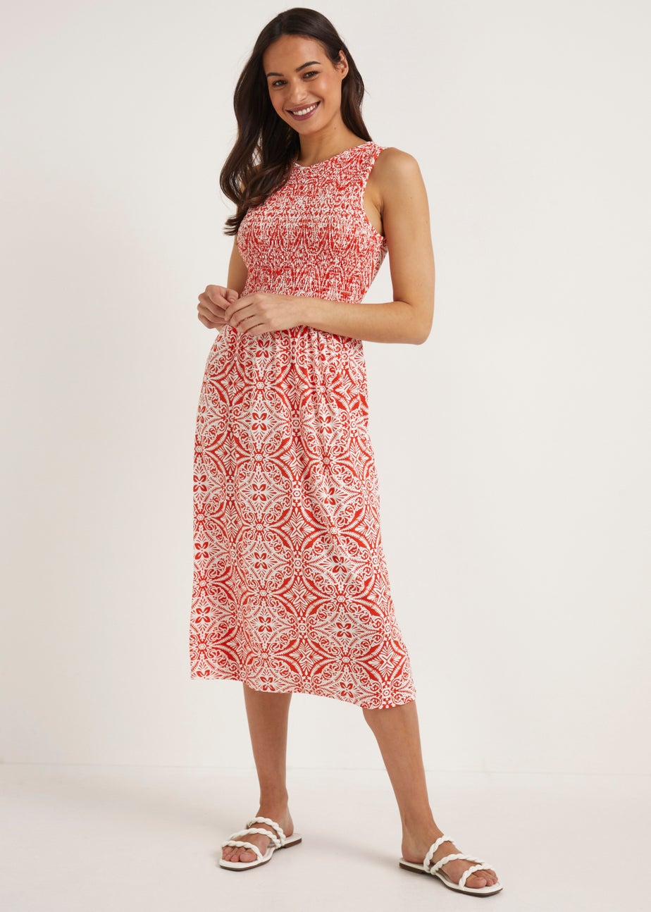Orange Geo Shirred Sleeveless Midi Dress
