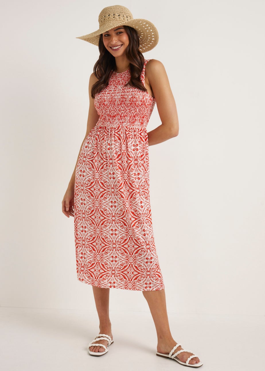 Orange Geo Shirred Sleeveless Midi Dress