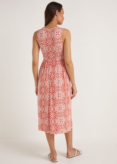 Orange Geo Shirred Sleeveless Midi Dress