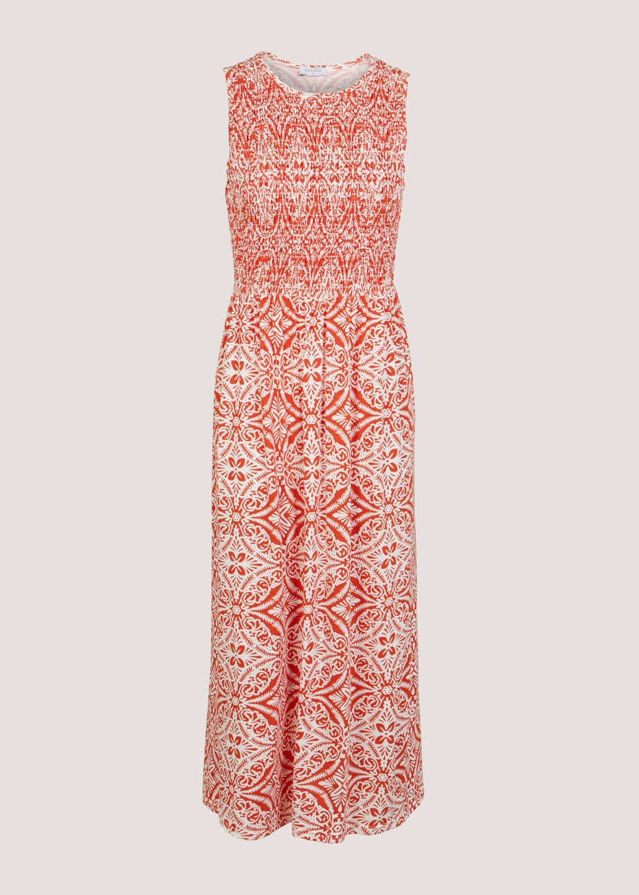 Orange Geo Shirred Sleeveless Midi Dress