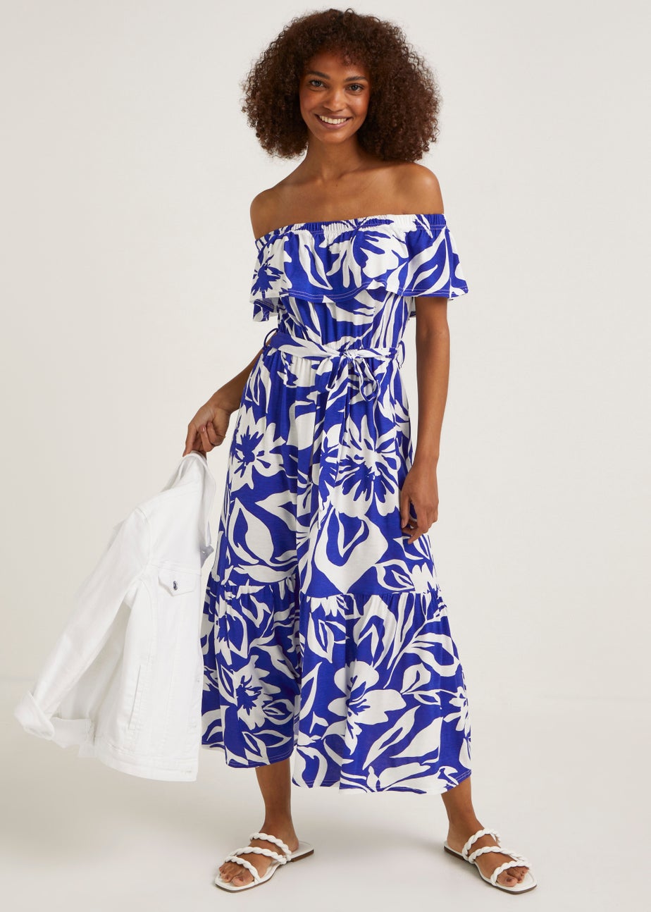 Blue Floral Bardot Midi Dress