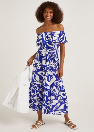 Blue Floral Bardot Midi Dress
