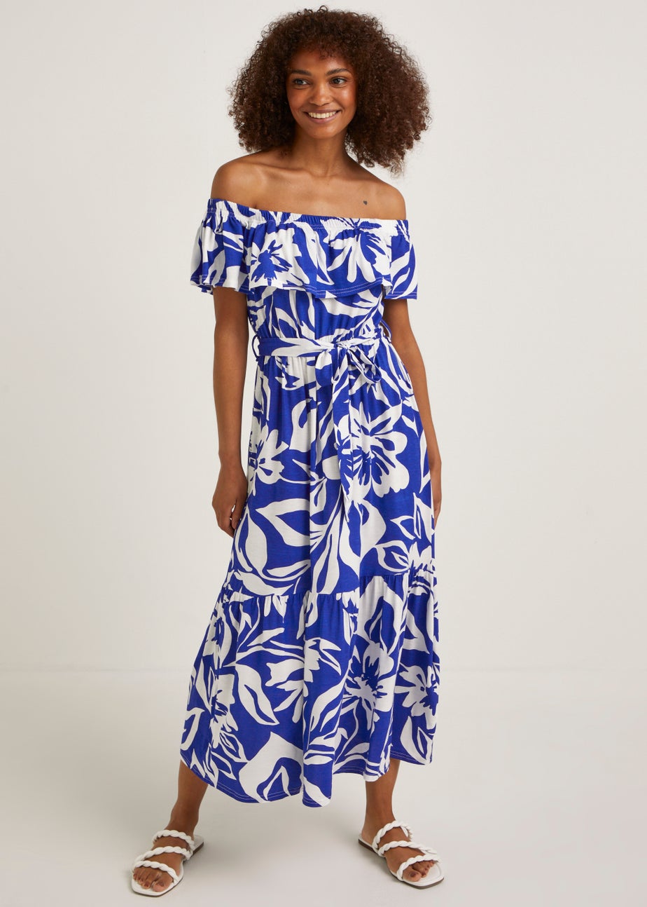 Blue Floral Bardot Midi Dress