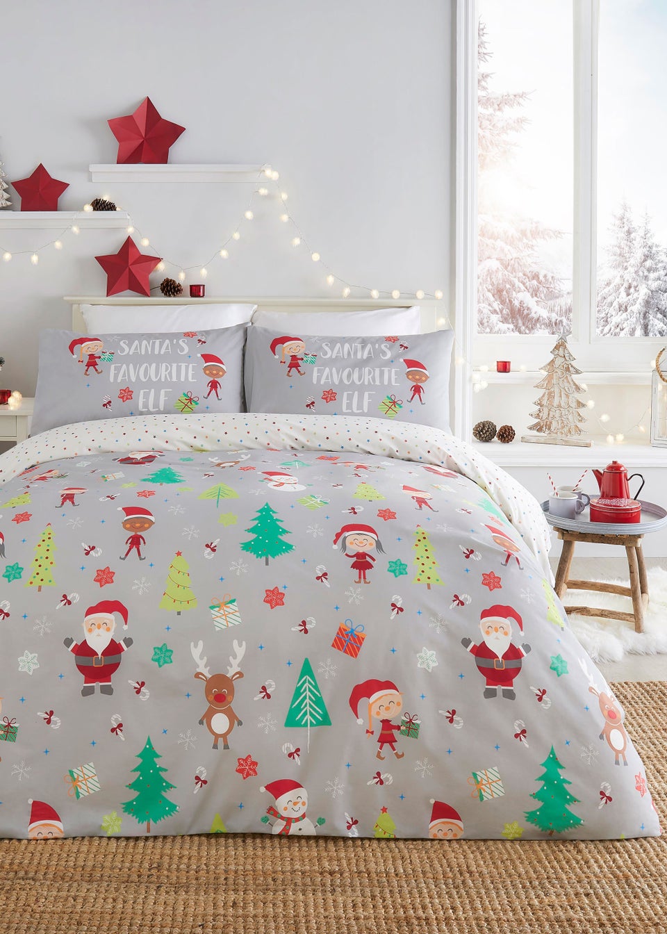 Fusion Christmas Elf & Santa Grey Duvet Cover