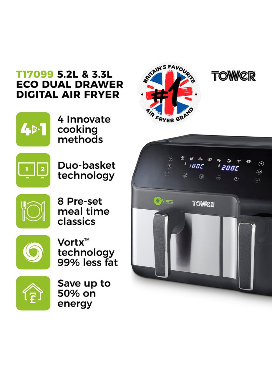 Tower Vortx Eco Duo Basket Air Fryer Grey Digital 5.2L + 3.3L