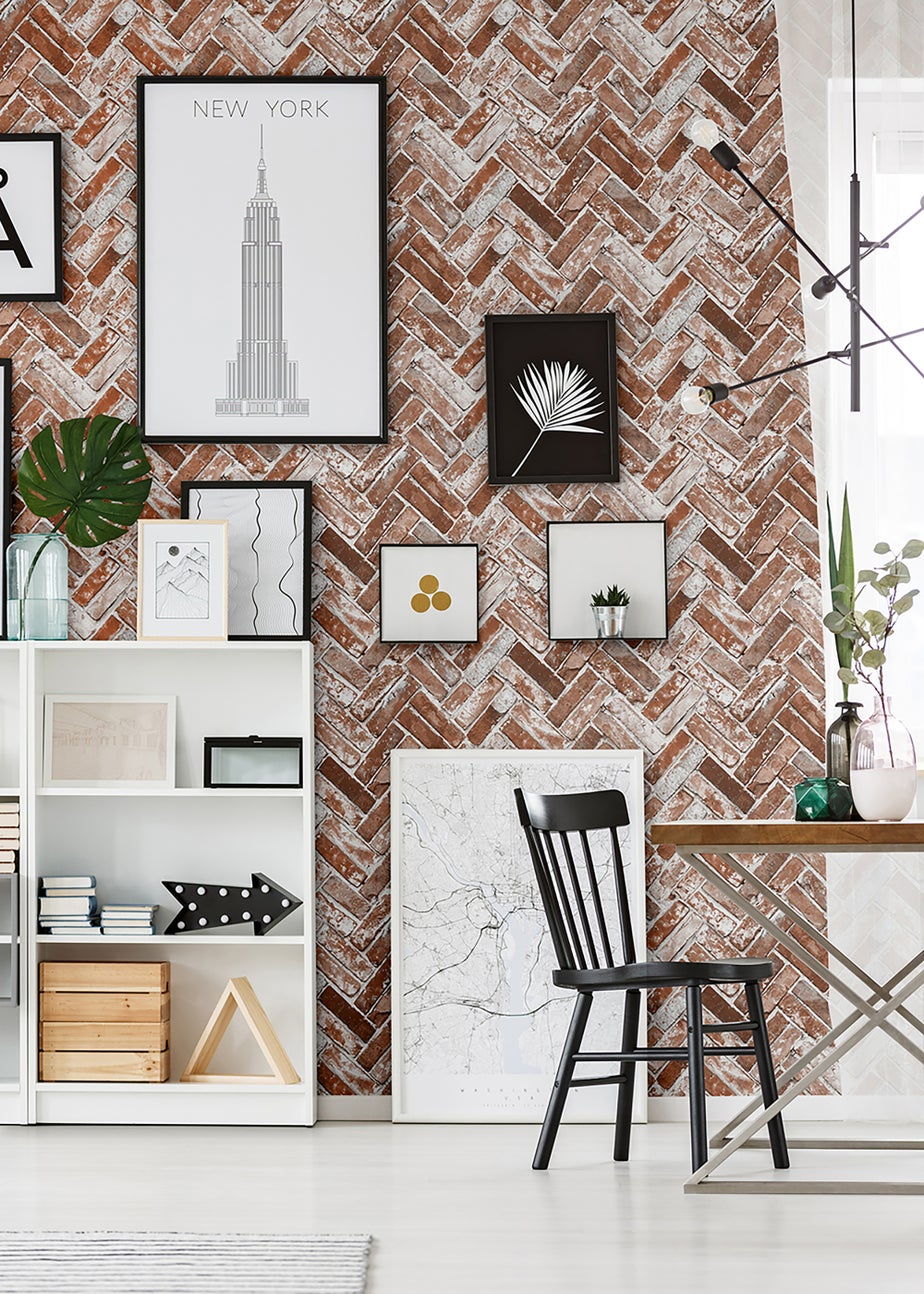 Muriva Herringbone Brick Red Wallpaper