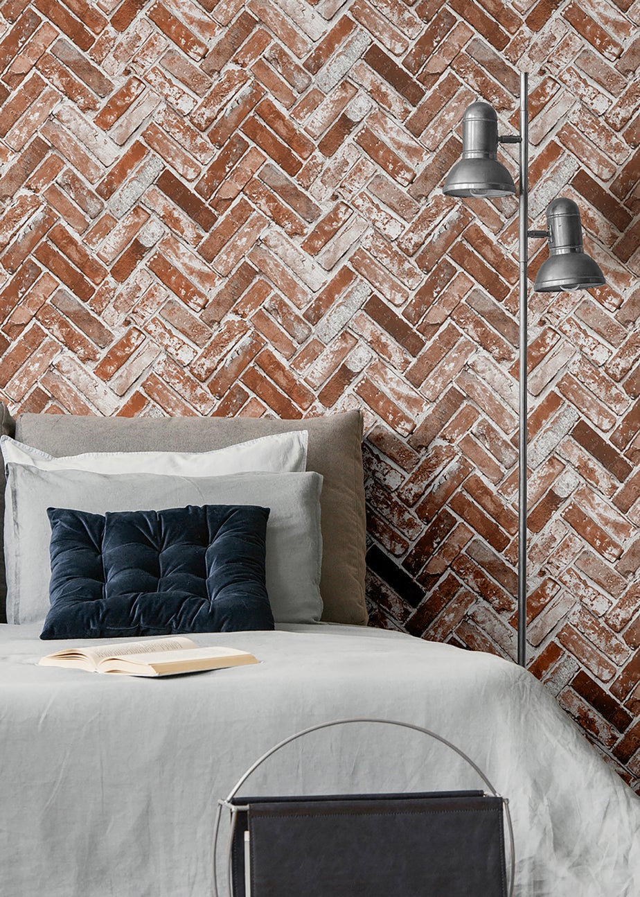 Muriva Herringbone Brick Red Wallpaper