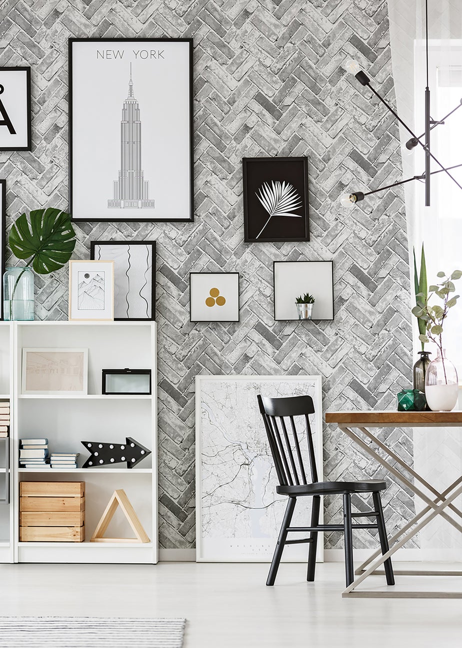 Muriva Herringbone Brick Grey Wallpaper