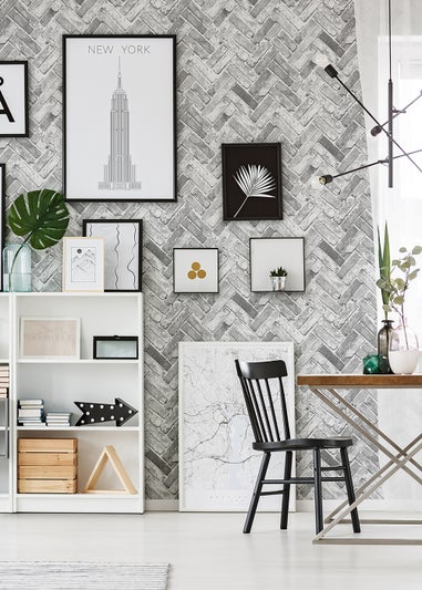 Muriva Herringbone Brick Grey Wallpaper