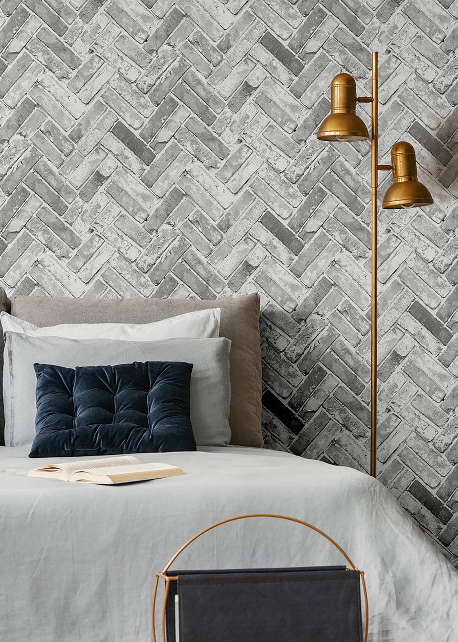 Muriva Herringbone Brick Grey Wallpaper