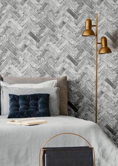 Muriva Herringbone Brick Grey Wallpaper