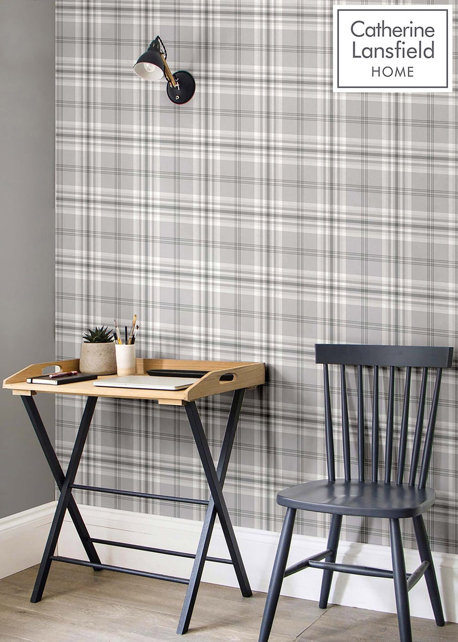 Catherine Lansfield Kelso Check Light Grey Wallpaper