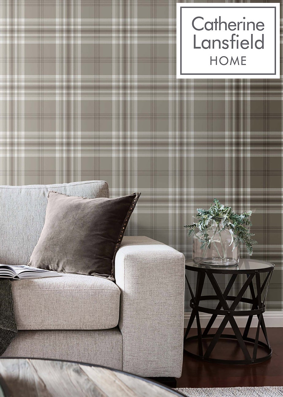 Catherine Lansfield Kelso Check Mushroom Wallpaper