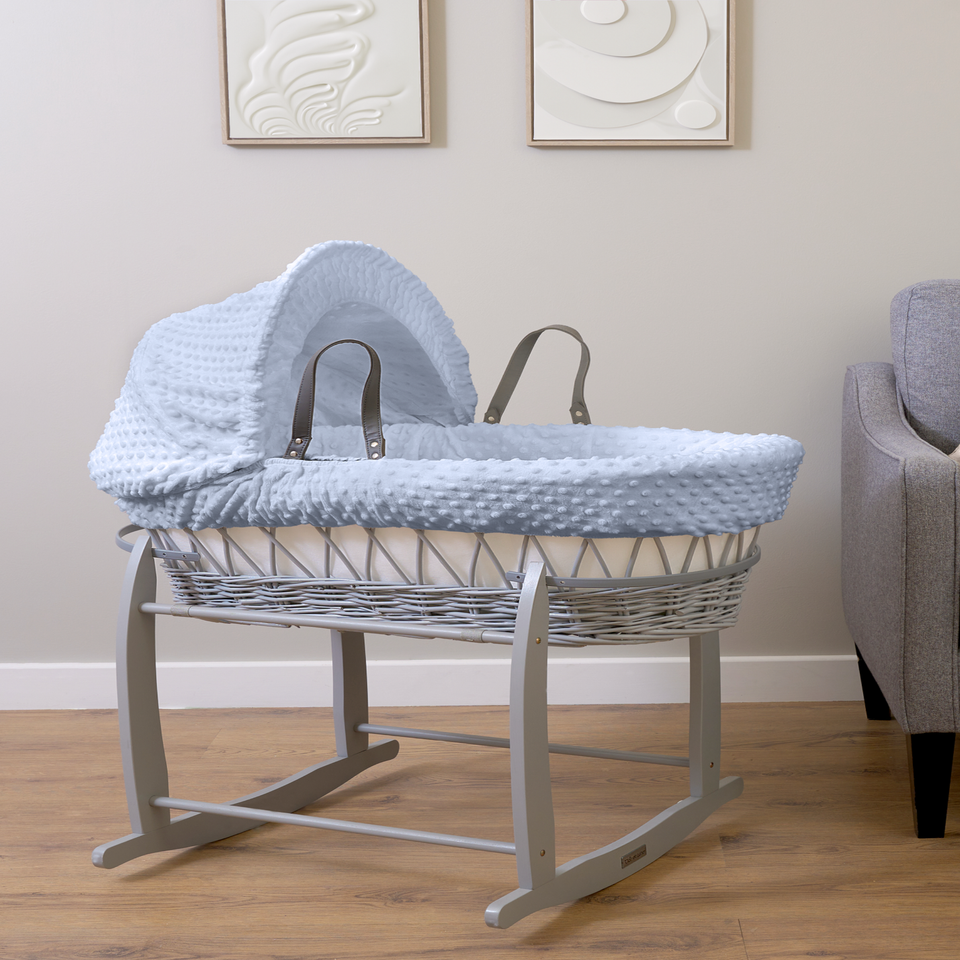 Clair de Lune Blue Dimple Wicker Moses Basket With Deluxe Rocking Stand