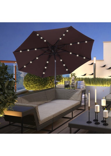Outsunny Φ2.7m Garden 24 LED Light Parasol Solar Outdoor Tilt Sun Umbrella Patio Sun Shade-Brown