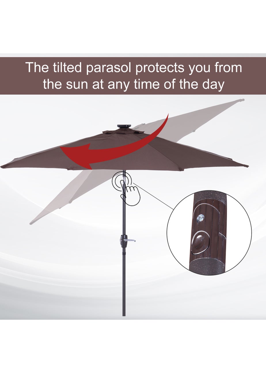 Outsunny Φ2.7m Garden 24 LED Light Parasol Solar Outdoor Tilt Sun Umbrella Patio Sun Shade-Brown