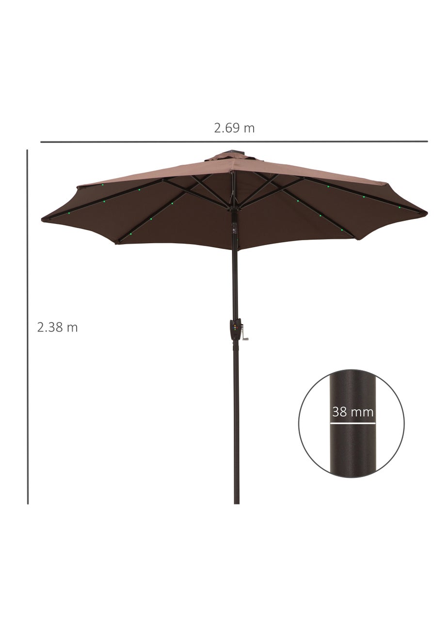 Outsunny Φ2.7m Garden 24 LED Light Parasol Solar Outdoor Tilt Sun Umbrella Patio Sun Shade-Brown