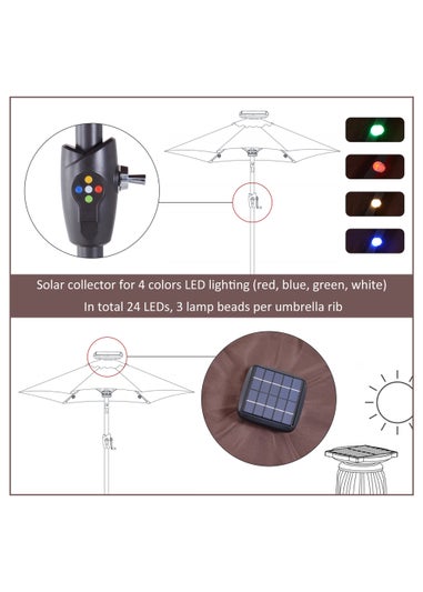 Outsunny Φ2.7m Garden 24 LED Light Parasol Solar Outdoor Tilt Sun Umbrella Patio Sun Shade-Brown