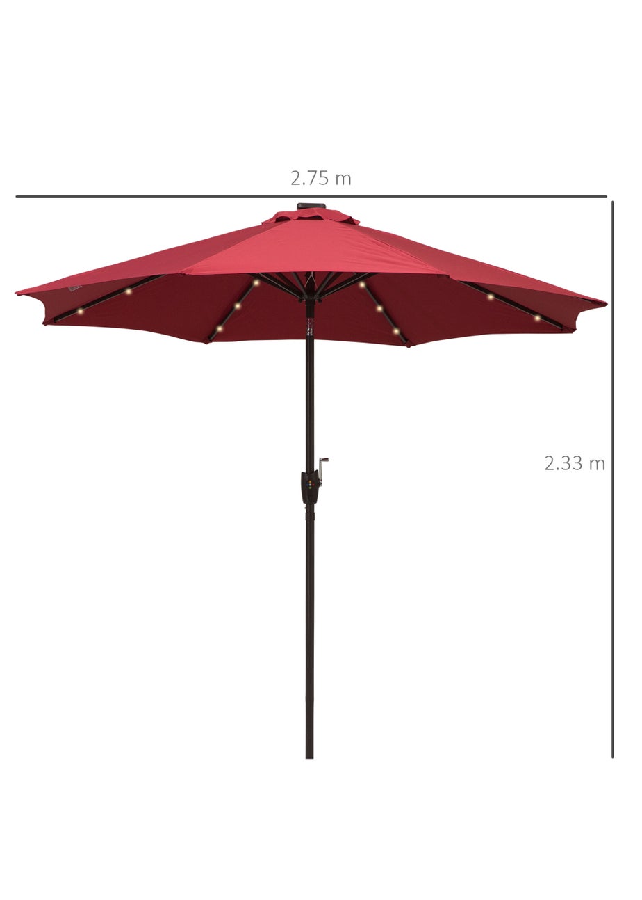 Outsunny Φ2.7m Garden 24 LED Light Parasol Solar Outdoor Tilt Sun Umbrella Patio Sun Shade-Red