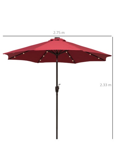 Outsunny Φ2.7m Garden 24 LED Light Parasol Solar Outdoor Tilt Sun Umbrella Patio Sun Shade-Red
