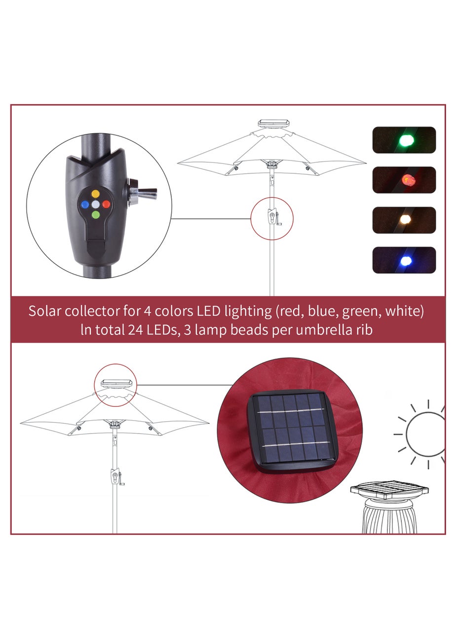 Outsunny Φ2.7m Garden 24 LED Light Parasol Solar Outdoor Tilt Sun Umbrella Patio Sun Shade-Red