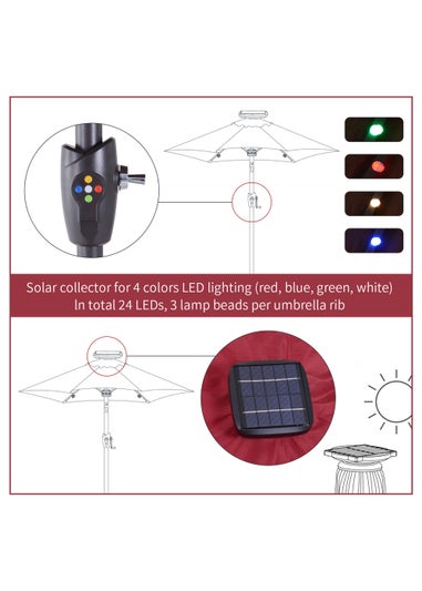 Outsunny Φ2.7m Garden 24 LED Light Parasol Solar Outdoor Tilt Sun Umbrella Patio Sun Shade-Red