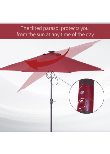Outsunny Φ2.7m Garden 24 LED Light Parasol Solar Outdoor Tilt Sun Umbrella Patio Sun Shade-Red