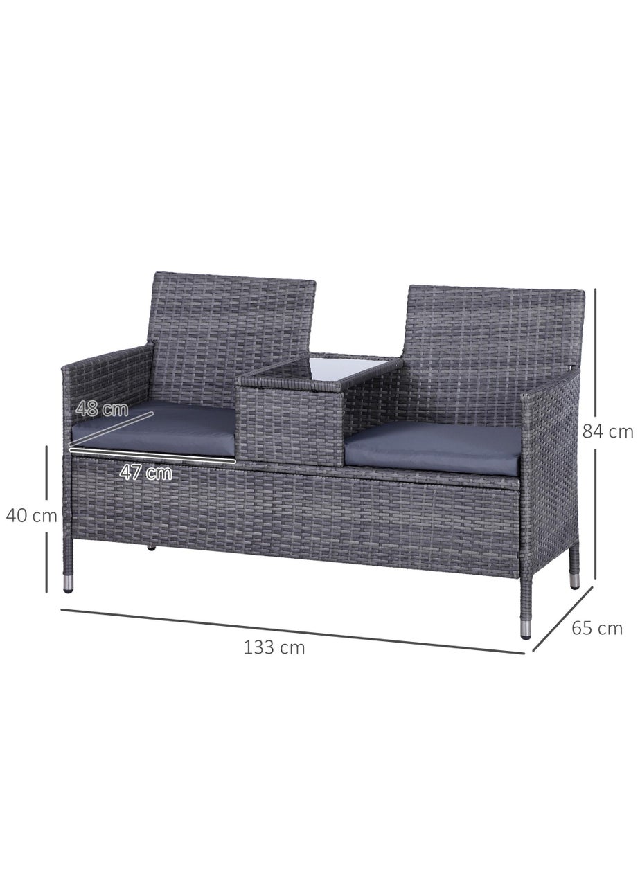 Outsunny Garden Rattan 2 Seater Companion Seat Wicker Love Seat Weave Partner Bench with Cushions