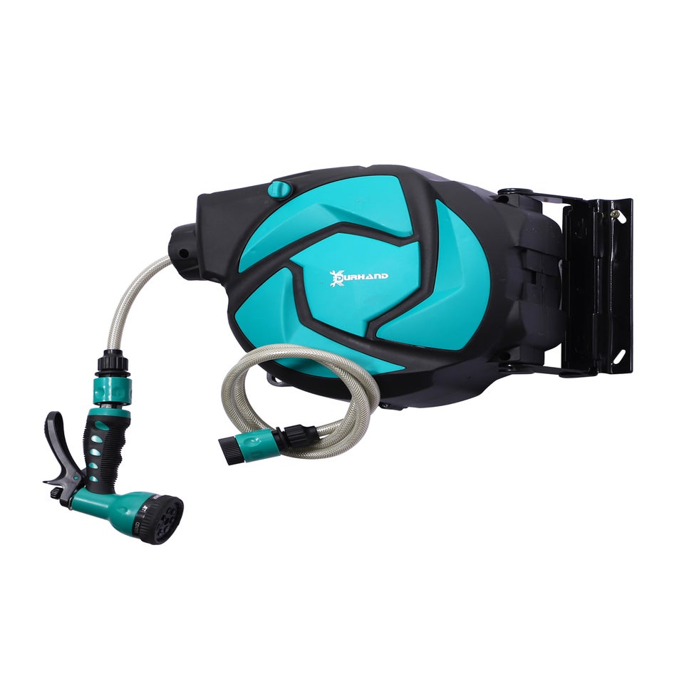 DURHAND 10m Garden Auto Hose Reel Wall Mounted Retractable 7 Patterns Spray Nozzle