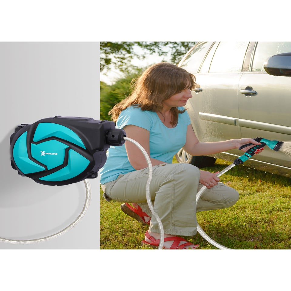 DURHAND 10m Garden Auto Hose Reel Wall Mounted Retractable 7 Patterns Spray Nozzle