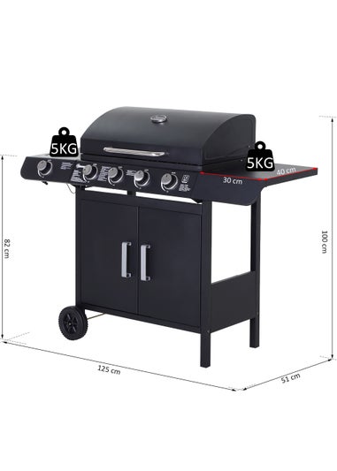 Outsunny 4+1 Gas Burner Grill BBQ Trolley with Storage Side Table and Wheels