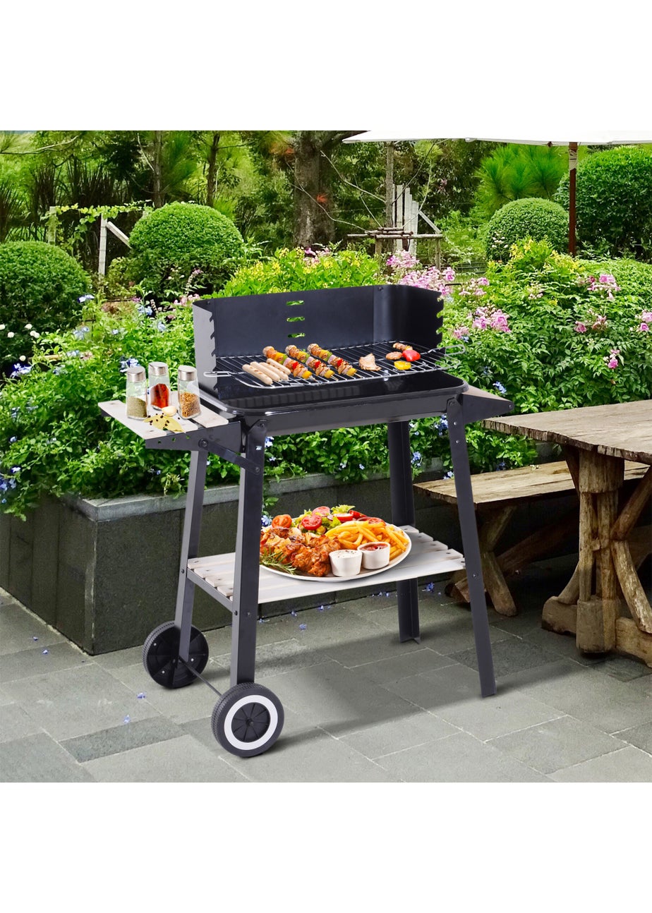 Outsunny Trolley Charcoal BBQ Barbecue Grill with Side Trays Storage Shelf and Wheels