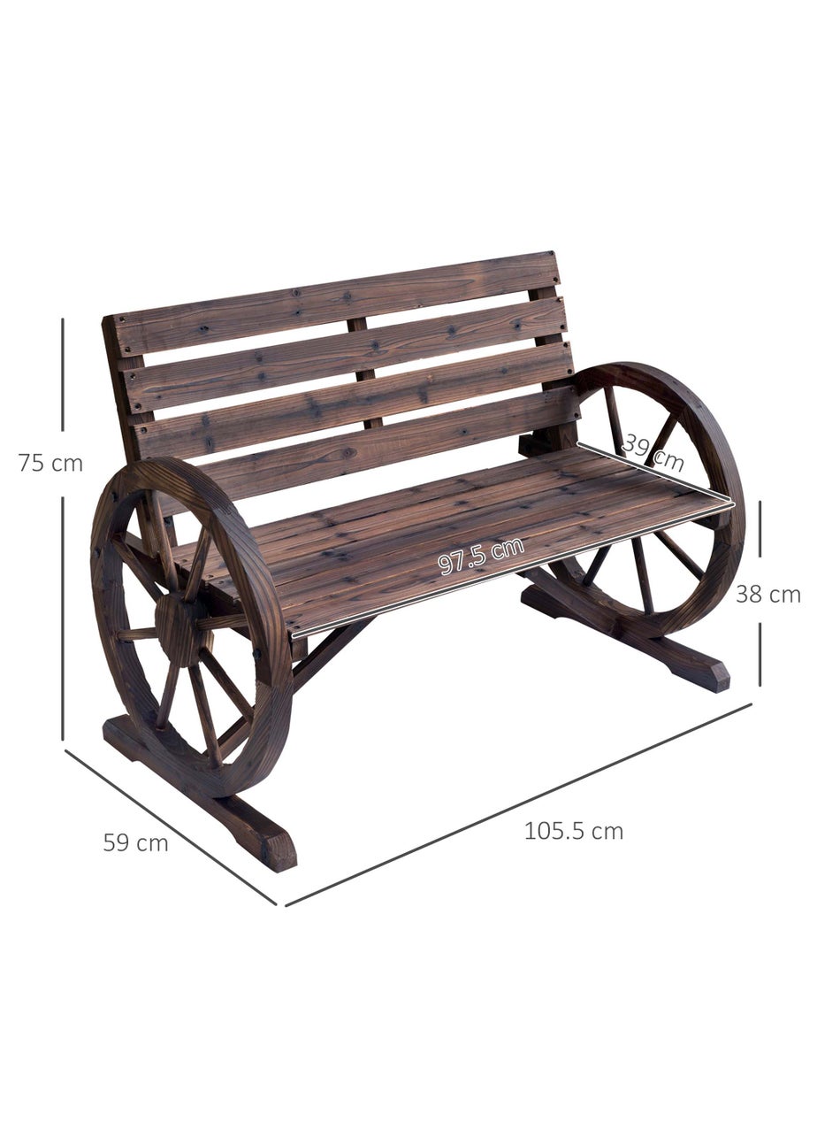 Outsunny 2 Seater Garden Bench Outdoor Garden Armrest Chair with Wooden Cart Wagon Wheel