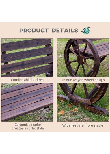 Outsunny 2 Seater Garden Bench Outdoor Garden Armrest Chair with Wooden Cart Wagon Wheel