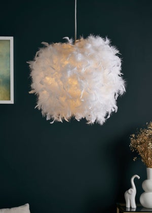 BHS White Plume Feather Ball Pendant Light (112cm x 40cm x 40cm)
