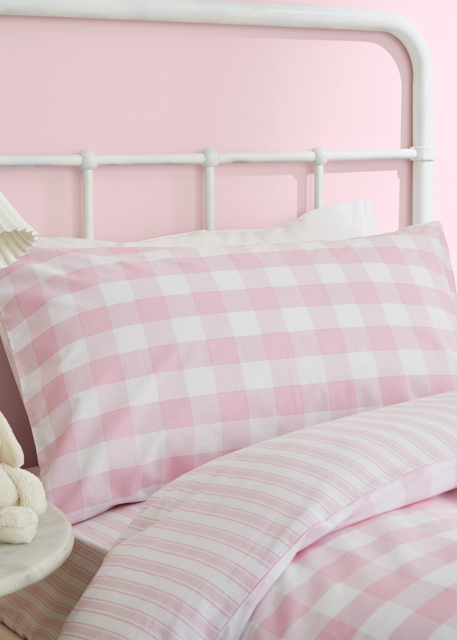 Bianca Fine Linens Check and Stripe Cotton Reversible Duvet Cover Set White Pink