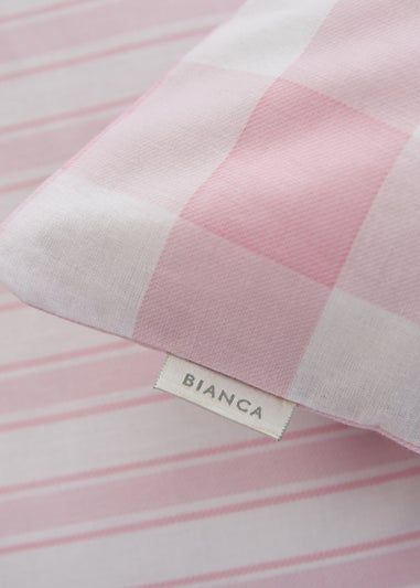 Bianca Fine Linens Check and Stripe Cotton Reversible Duvet Cover Set White Pink
