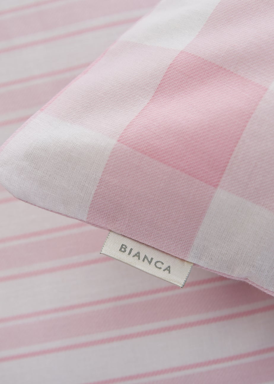 Bianca Fine Linens Check and Stripe Cotton Reversible Duvet Cover Set White Pink