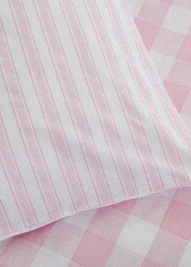 Bianca Fine Linens Check and Stripe Cotton Reversible Duvet Cover Set White Pink