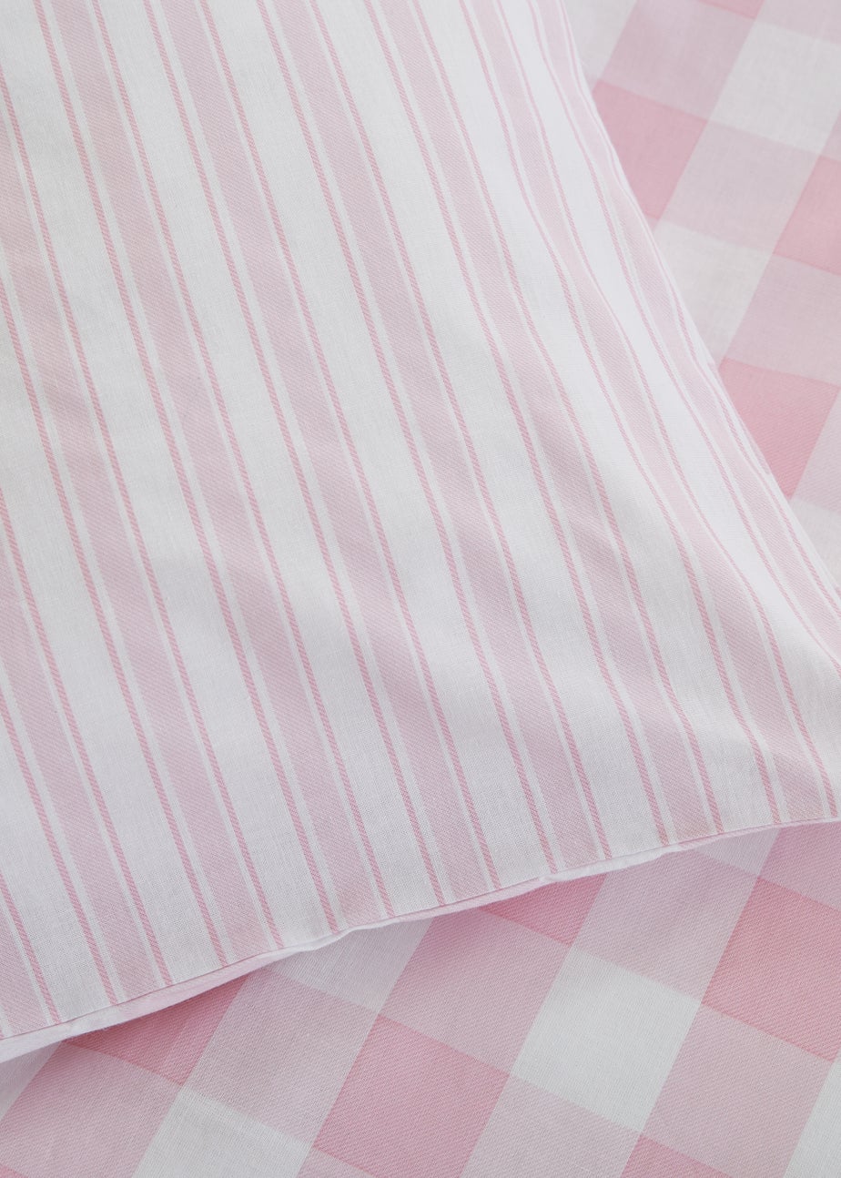 Bianca Fine Linens Check and Stripe Cotton Reversible Duvet Cover Set White Pink