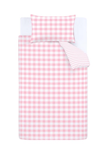 Bianca Fine Linens Check and Stripe Cotton Reversible Duvet Cover Set White Pink